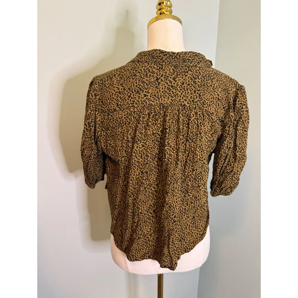 Free People Leopard‎ Print Tie Front Button Down Top Olive Green Brown Size S